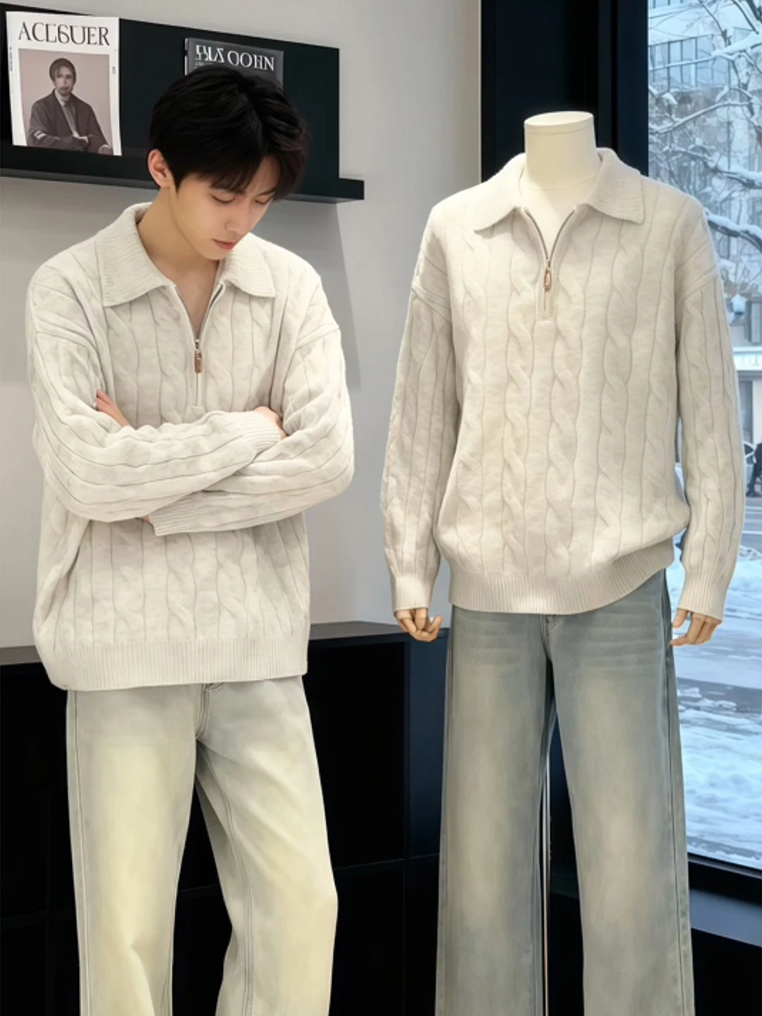 

Мужской вязаный свитер на молнии с узором косы, зимний, свободного кроя, с длинным рукавом, базовый слой, Cleanfit, теплый