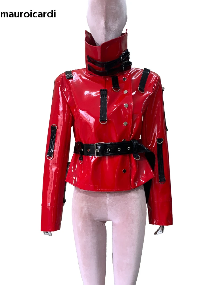 Mauroicardi Autumn Short Red and Black Color Block Shiny Reflective Patent Faux Leather Jacket Women Luxury Designer Emo Clothes