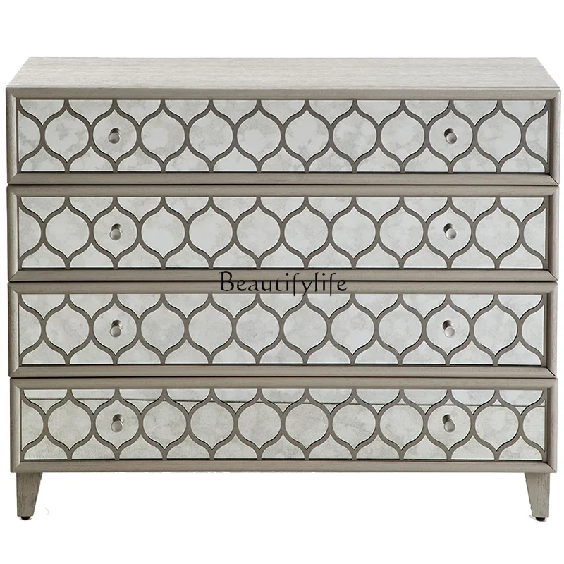 

*American Light Luxury Simple Solid Wood Hardware Glass Bedside Table Storage Organizer Chest of Drawers
