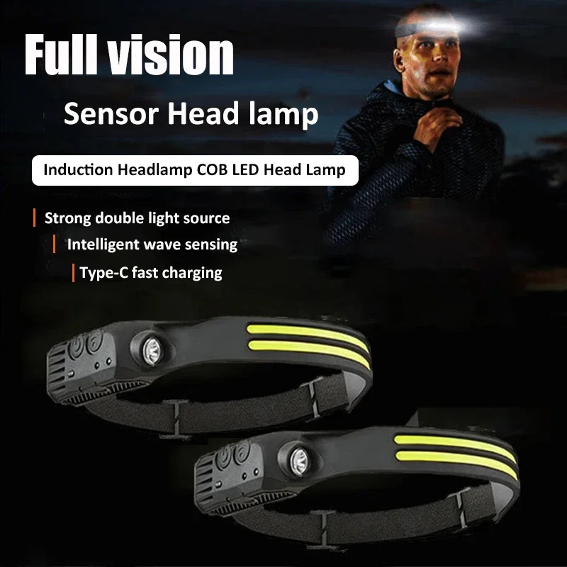 Lampu depan LED XPE + COB, lampu depan Sensor pintar lentera bawaan, baterai 230 mAh, dapat diisi ulang USB, sinar lebar 1200 derajat