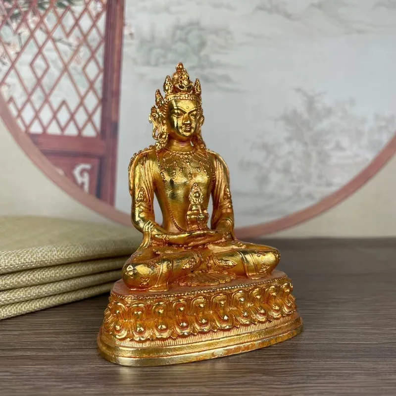 Nepalese Tibetan vintage antique patinaed longevity Buddha statue, alloy copper gilded craft, small home worship ornament