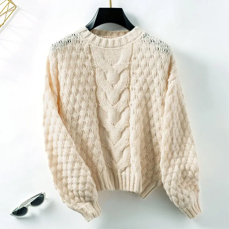 New Autumn-winter Style Open-weave Eight-piece Pullover Loose Round-neck Retro Knitted Sweater