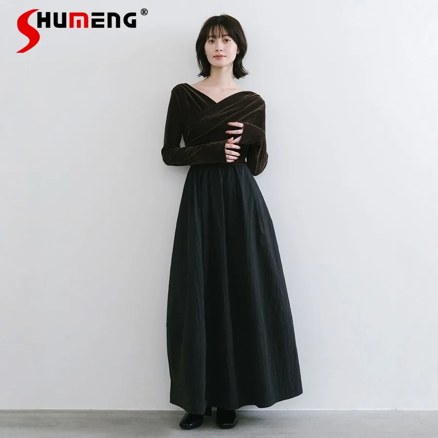 

2026 Spring New Women's High Waist Slimming Elegant Long Dress Japan Style Lady Fashion Off-Shoulder V-Neck Long Sleeve Dress