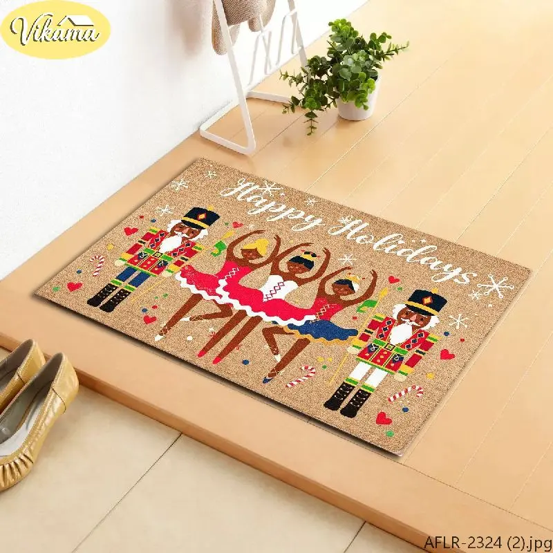 VIKAMA Christmas Doormat Nutcracker Ballerinas Candy Hearts Washable Anti-Slip Door Mat for Entryway Outdoor Holiday Decor