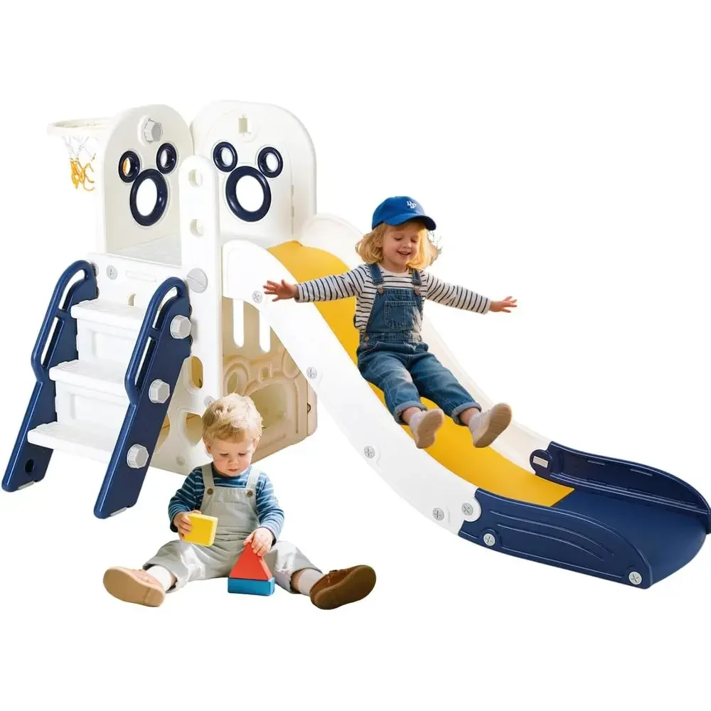 

All-in-One Toddler Slide and Climber Playset with Basketball, Storage, Non-Slip Steps - Blue