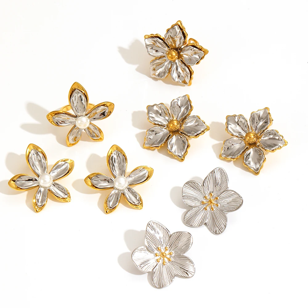 Vintage Stainless Steel Gold Color And Silver Color Flower Stacking Ring for Woman Party Jewelry