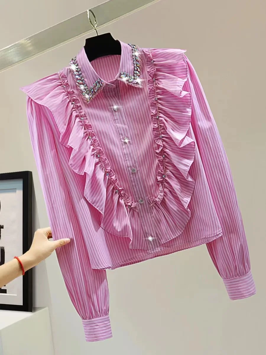 Luxury Style Diamonds Stitch Cotton Stripe Shirts For Women 2024 Autumn Single Breasted Pink Blouse Sweet Chic Top Blusas