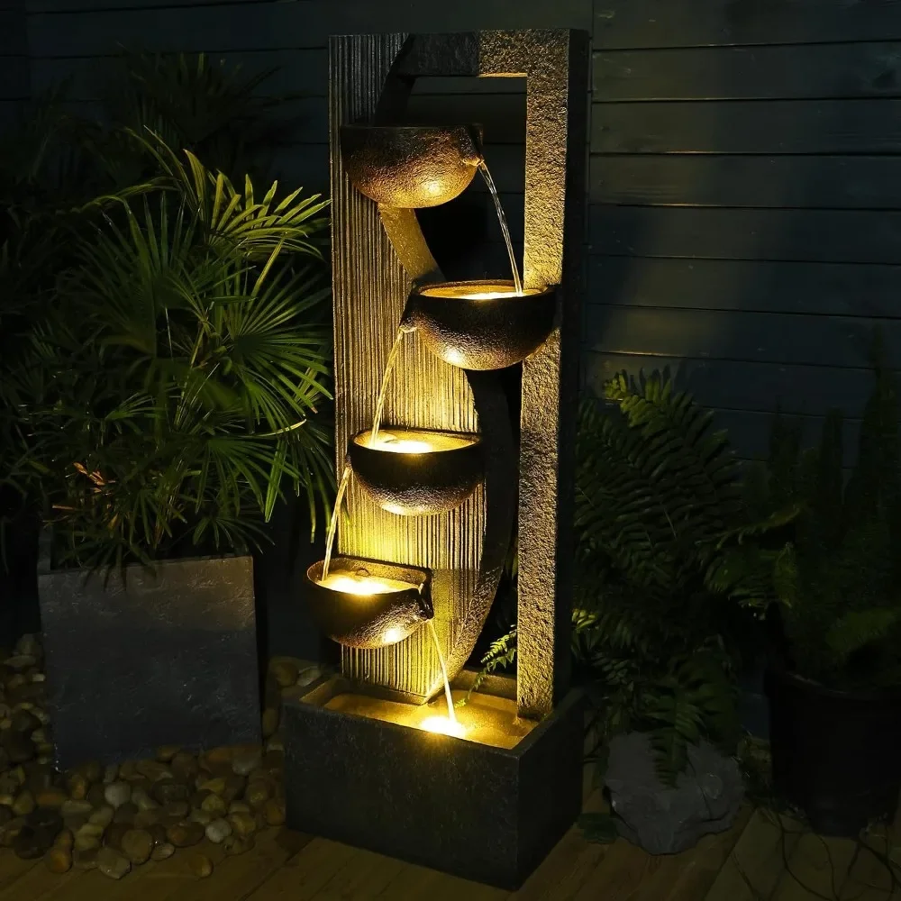 Outdoor Cascading Bowl Waterfall Floor Standing Water Fountains for Garden,49.2 Inches Tall with LED Lights,Pump,Natural Stones