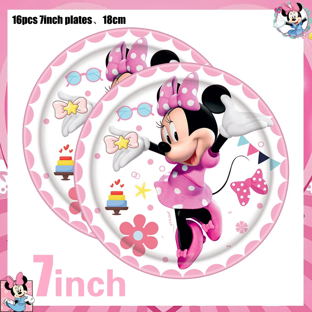 Disney Minnie Mouse Birthday Party Decoration Pink Minnie Paper Plate Cup Napkin Tablecloth Balloon Backdrop for Kid Baby Shower