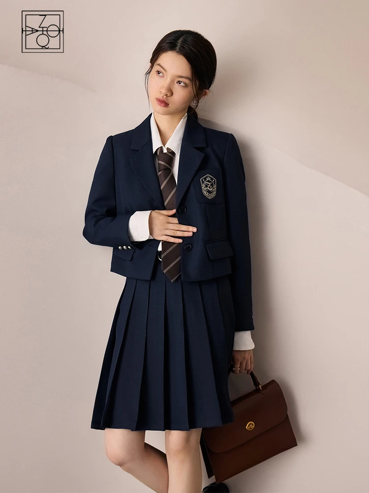 ZIQIAO College Style Fashionable Women's Set Autumn Chic Design Short Suit Blazer + Vest + Pleated Skirt Three-piece Suit Female