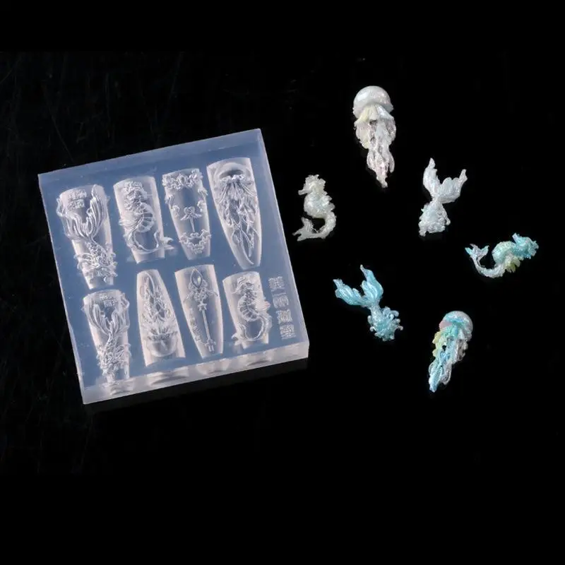 Sea Shell Starfish Fishtail Jellyfish Conch 3D Silicone Nail Mold Transparent Nail Art Carving Template DIY Manicure Accessories