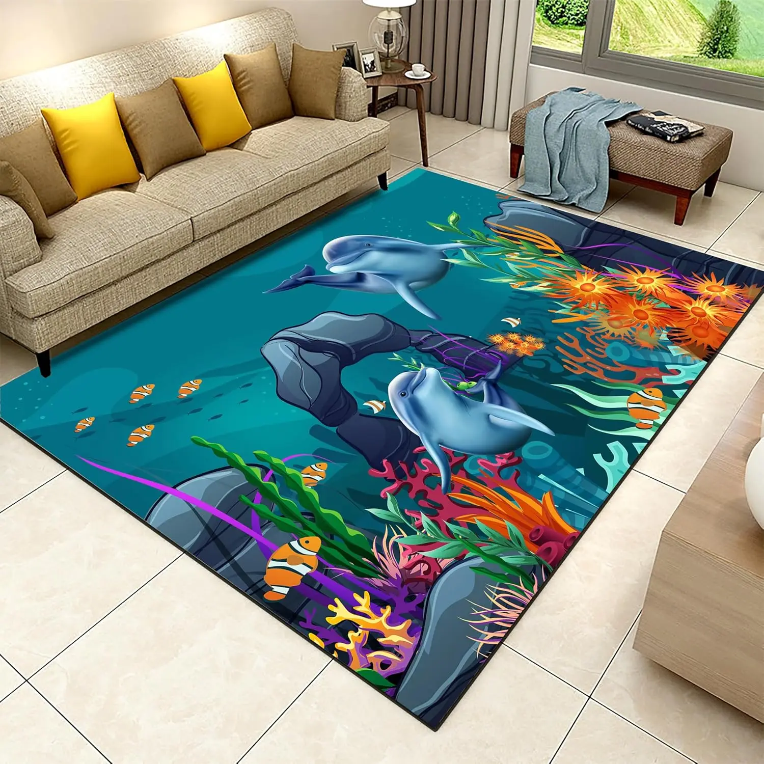 3D Underwater World Area Rugs,Dolphin Marine Animal Living Room Carpet, Seaweed Tropical Fish Low Pile Easy Clean Rug, Absorbent