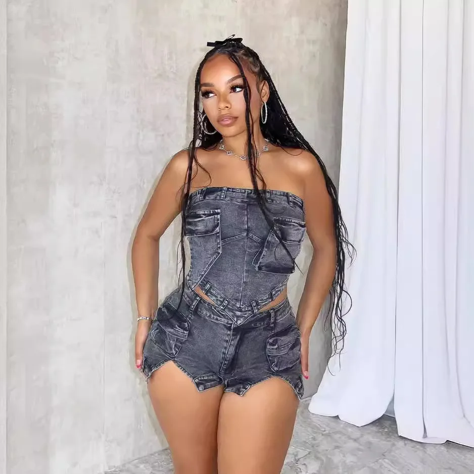 

Denim Crop Tops Summer Two Piece Pant Sets Biker Shorts Pant Sets Cargo Pocket jean Jackets Tracksuit Sexy Outfits Y2K Fashion