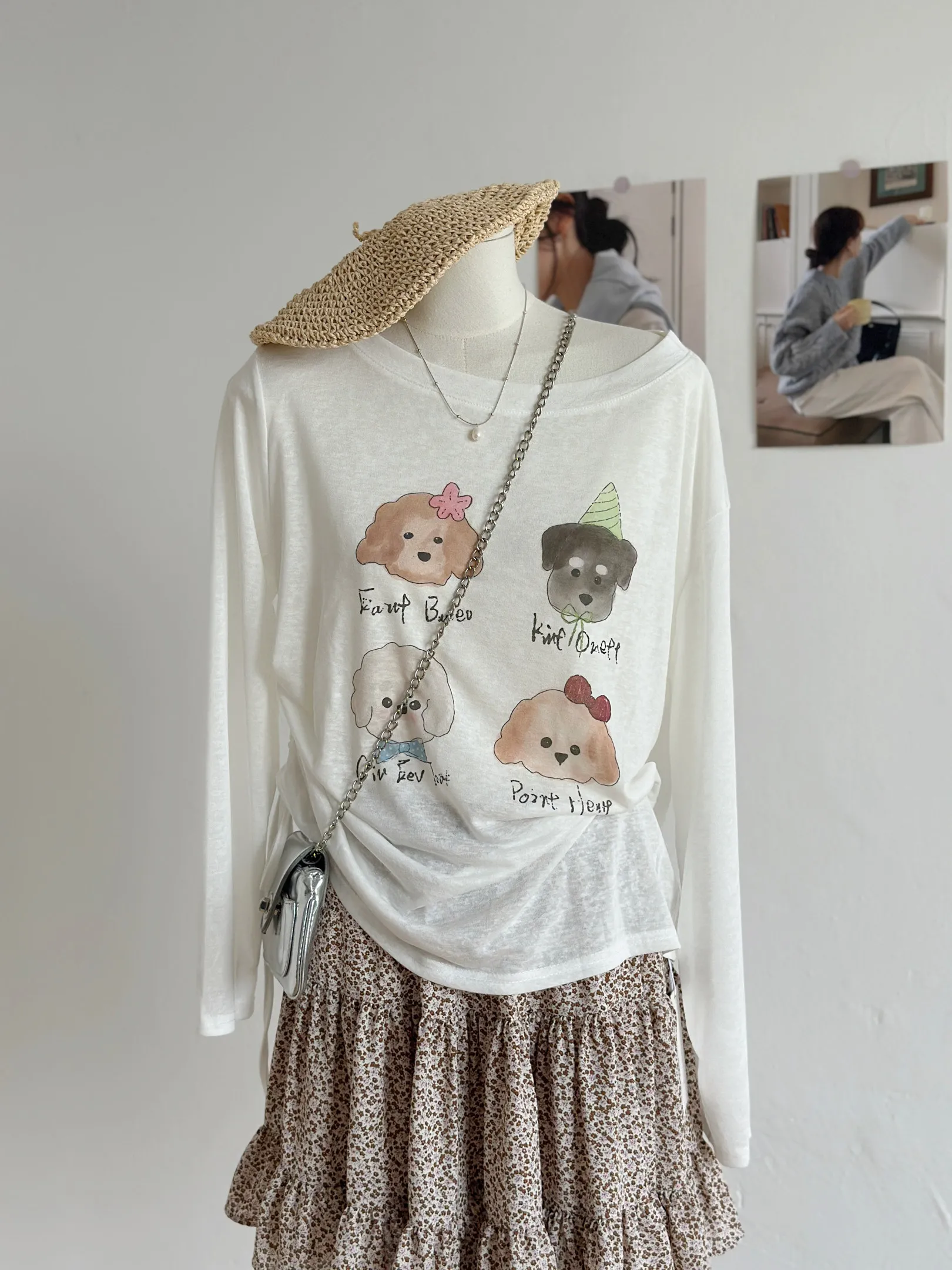 Summer New Korean Style Thin Transparent Sun Protection Cover Shirt Shoulder Exposure Long Sleeve Drawstring Dog Print T-shir...