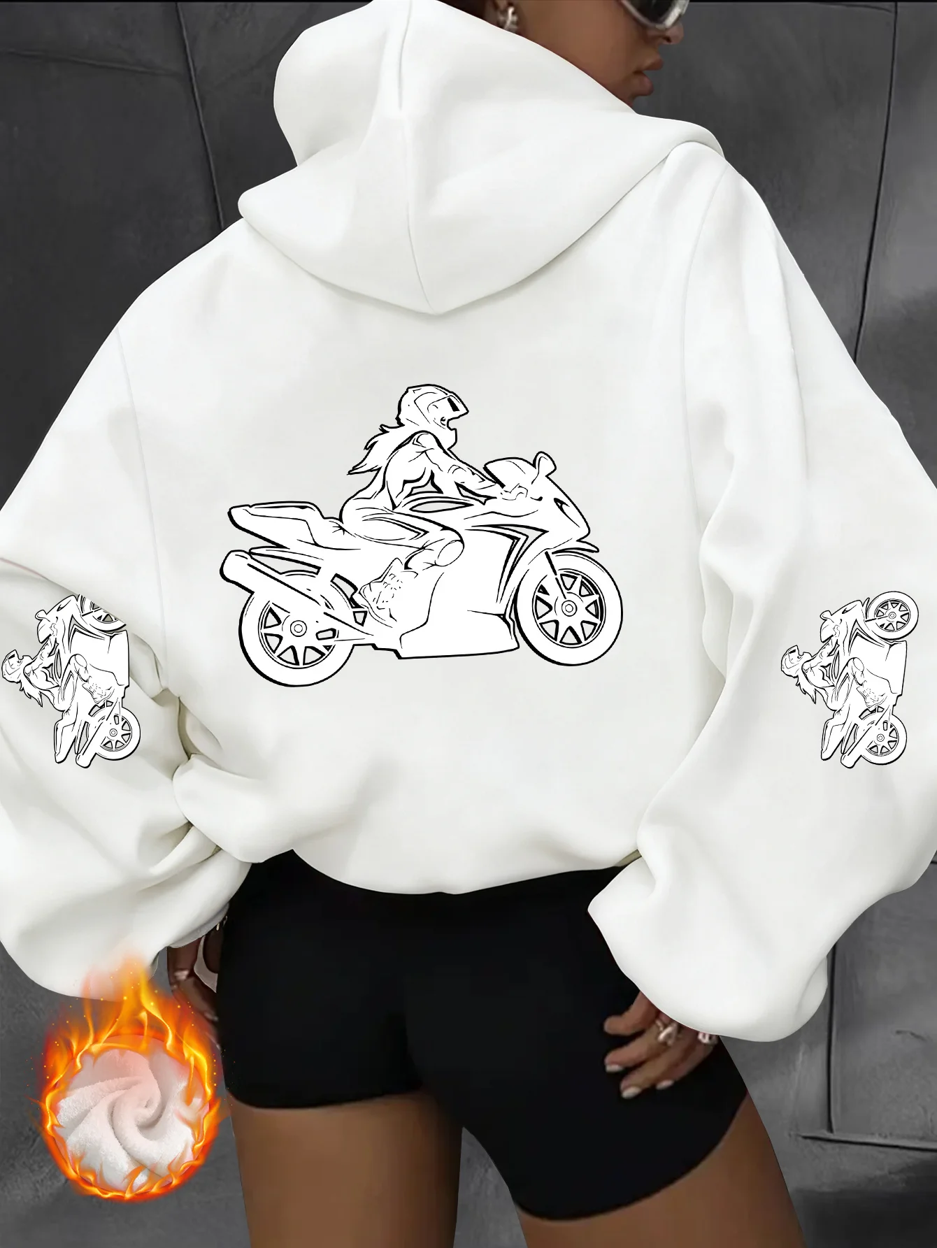 Personalized motorcycle riding female print pattern, retro autumn and winter round neck hoodie Y2K spicy style casual sports top