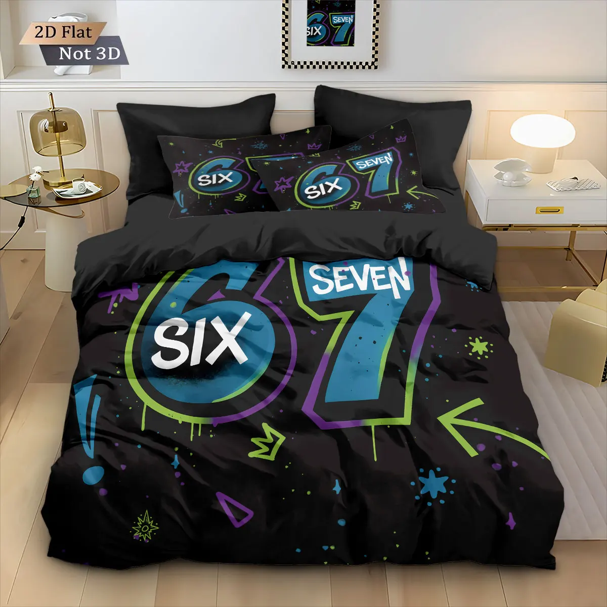 3pcs Six Seven Black Printed Coreless down Duvet Cover Set, Multi Size Comfortable Bedroom Bedding Decoration