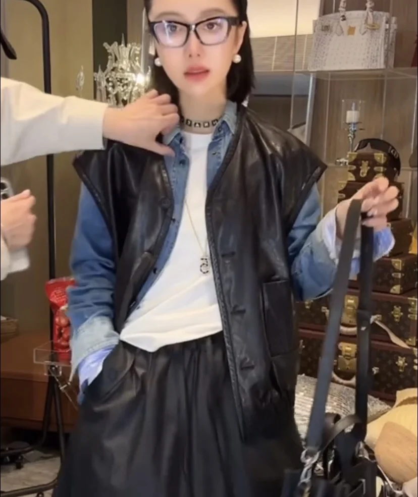 Xiaoran 2025 lente nieuwe Sle ort eepskin Svel vest dames faionable veelzijdige bovenkleding Ele trendy