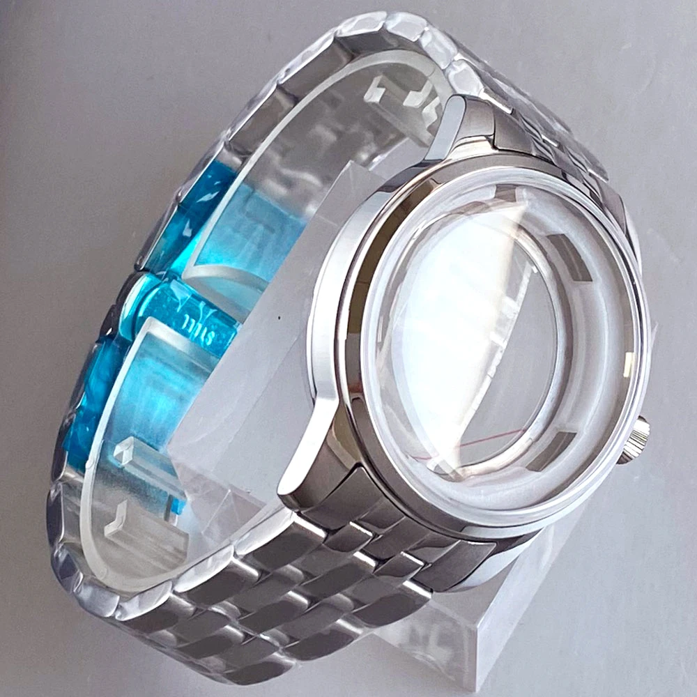 Polished Silver 40mm Stainless Steel Watch Case For NH35 NH36 NH38 NH70 NH72 Movement Men Watch Part Glass Back Steel Bracelet