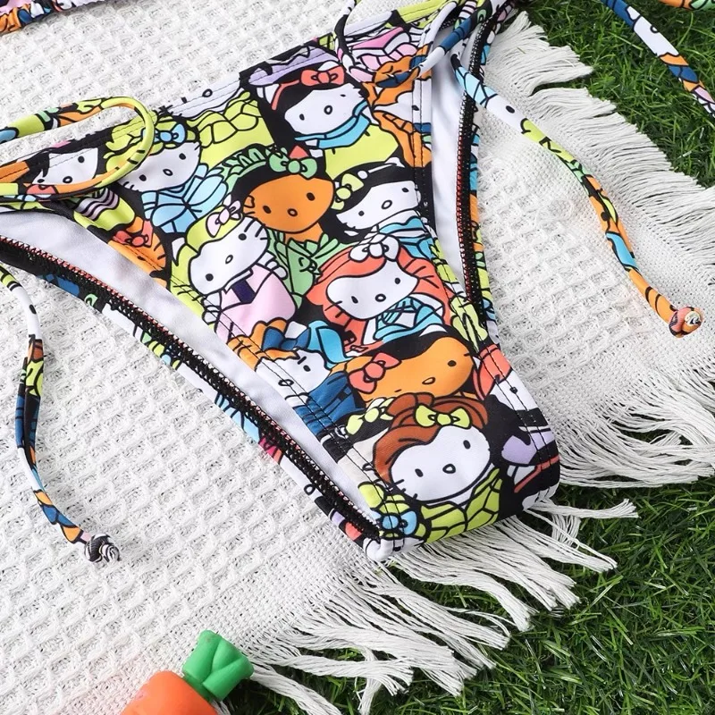 Sanrio-Conjunto de bañador de Hello Kitty para mujer, traje de baño de dibujos animados, Cinnamoroll, Bikini de playa, ropa interior con correa lateral, Tanga Sexy de verano