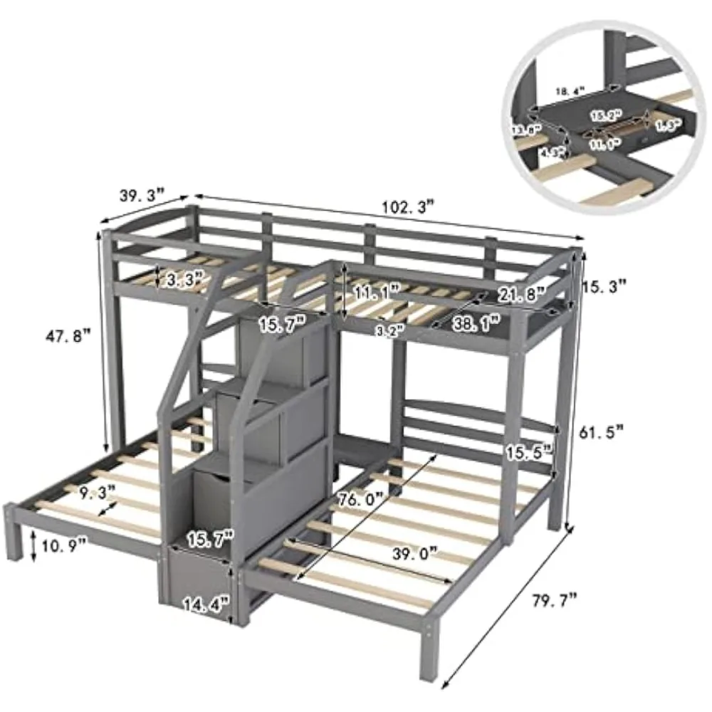 Twin Over Twin Bunk Bed for 3, Wood Triple Bunk Beds with Stairs, 3 Bunk Beds with Storage for 3 Kids,No Box Spring Needed(Gray)