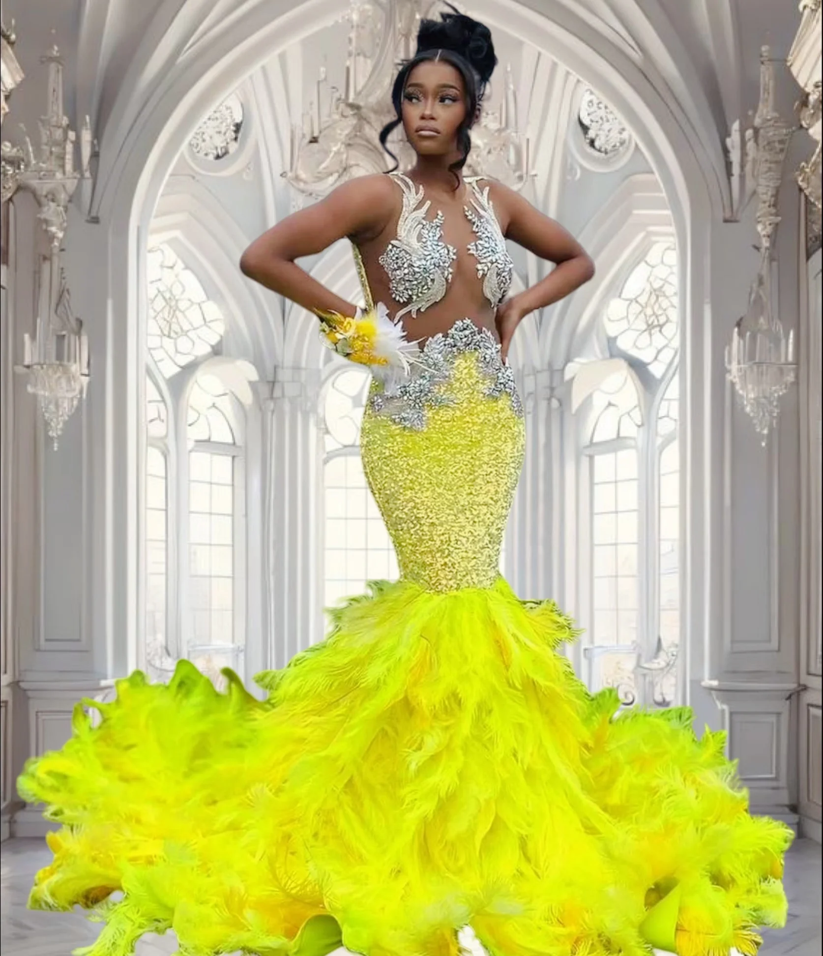 

Yellow Sparkly Sequin Feather Prom Dresses Long for Women 2025 Beading Lace Appliques Crew Neck Formal Evening Gowns Customized