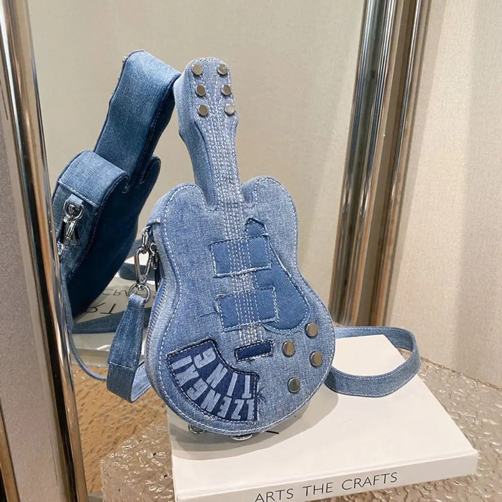 

Portable Vintage Guitar Crossbody Bag Large Capacity Y2k Denim Canvas Bag Handbag Casual Jeans Messenger Bag Travel