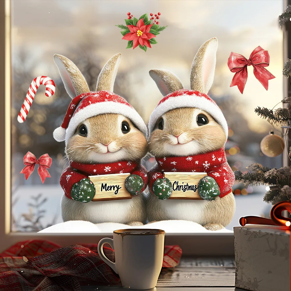 Christmas Decoration Cartoon Bunny Crutch Bow Window Sticker for Store Party Decoration