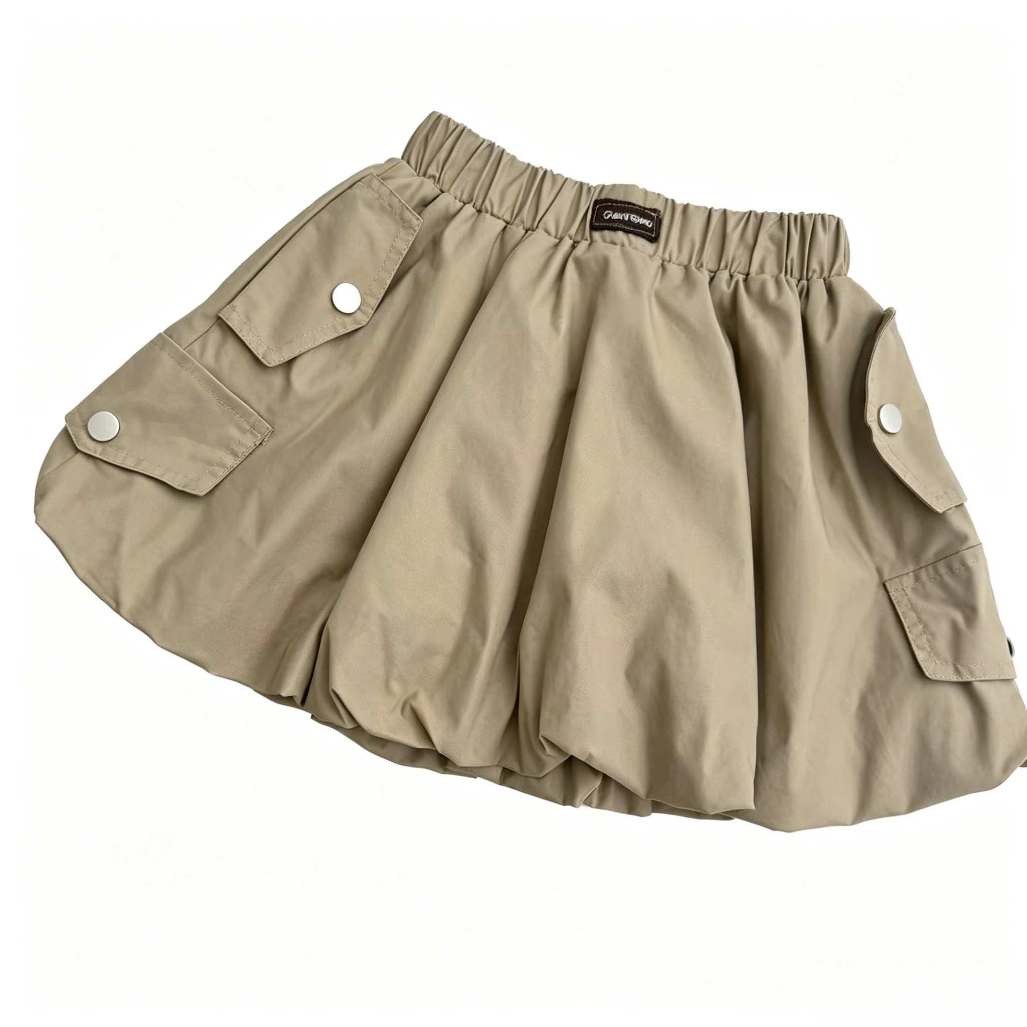 Girls Khaki Cargo Bubble Mini Skirt High Waist Multi Pocket Puff Balloon Skort Kids Casual Streetwear Loose Short Skirt For Teen