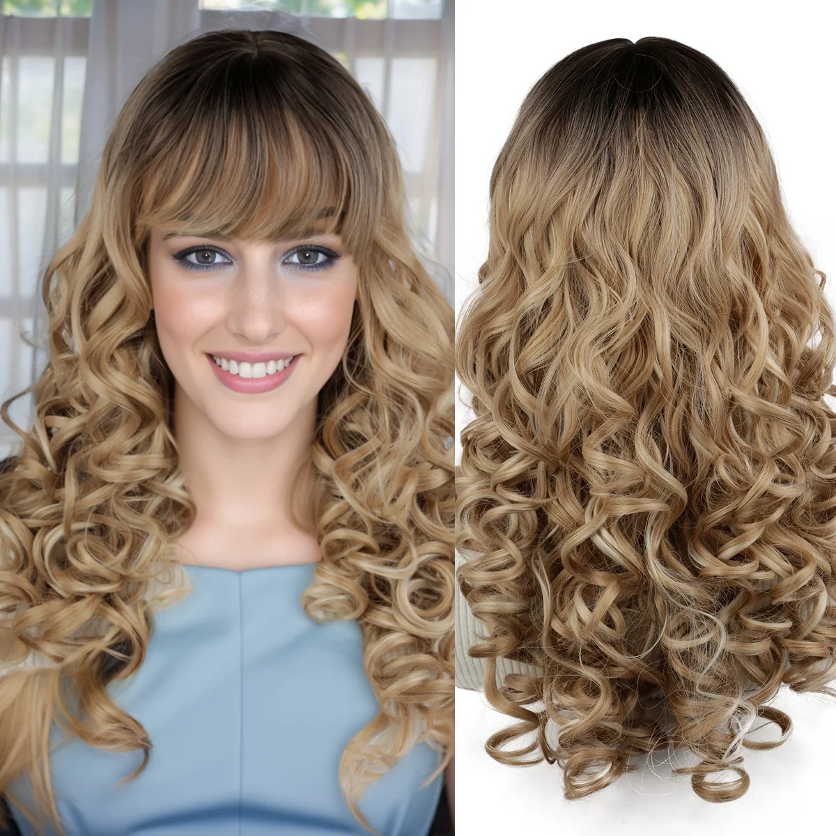 

Long Curly Wigs With Bangs for Women Heat Resistant Synthetic Hair Highlight Blonde Wig Daily Holiday 20 Inches 180% Density