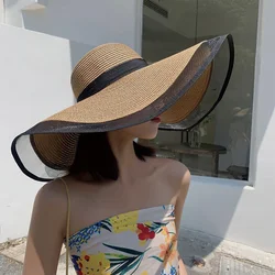 Summer Straw Hat For Women Girls Visors Female Protection Big Eaves Organza Fashion Straw Bucket Hat Foldable Beach Panama Caps