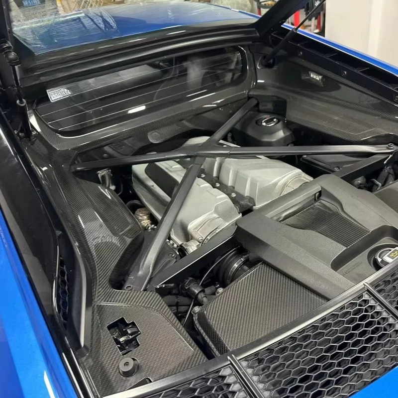 6PCS Dry Carbon Fiber Car Engine Compartment Panels For 2016-2021 R8 V10 Front Bumper Engine Hood Interior Trims Parts