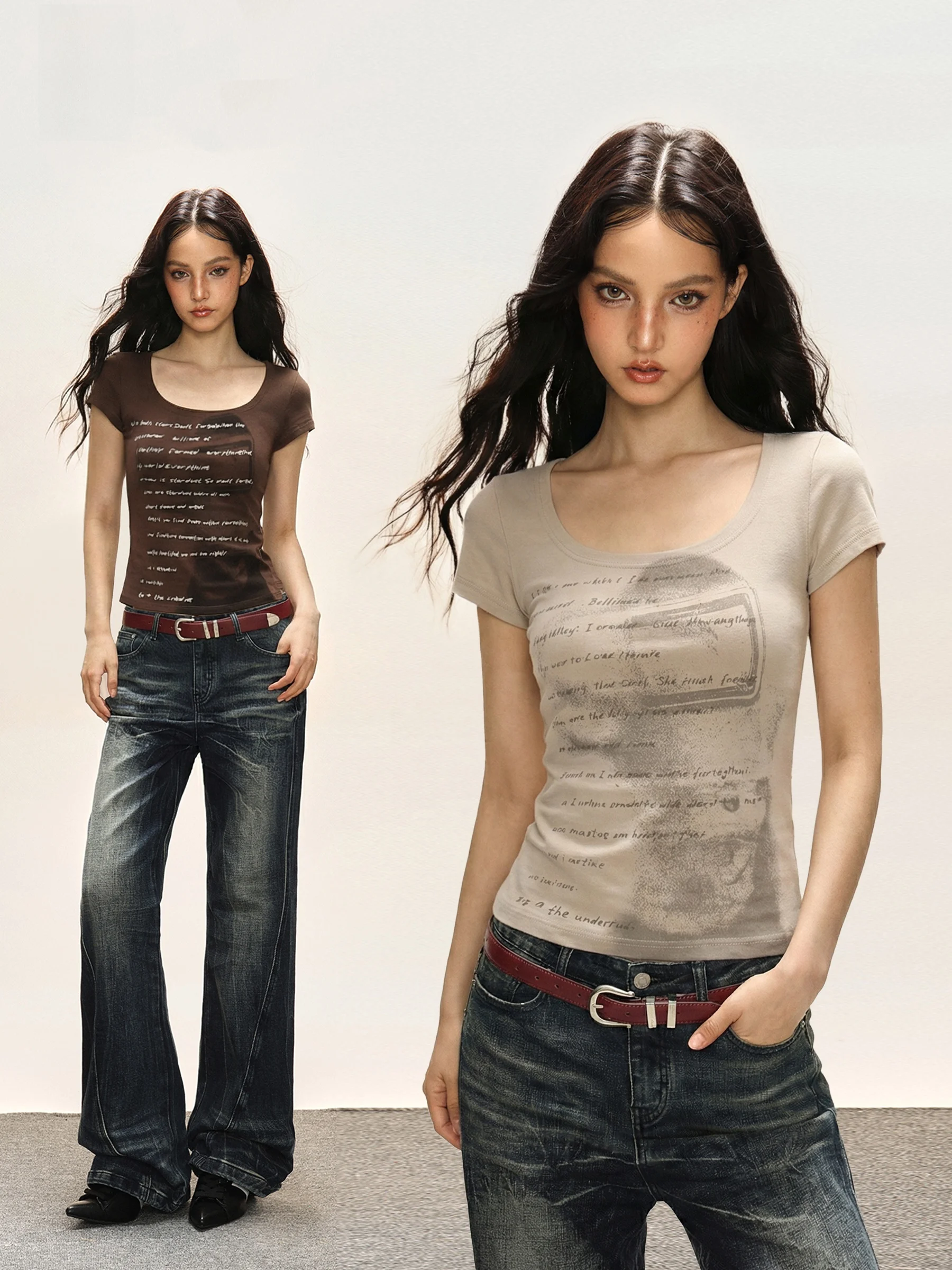  Letter Print Short Sleeve T-Shirt Women Summer Spicy Shoulder American U-neck Short Top Vintage Style Slim Fit Ladie...