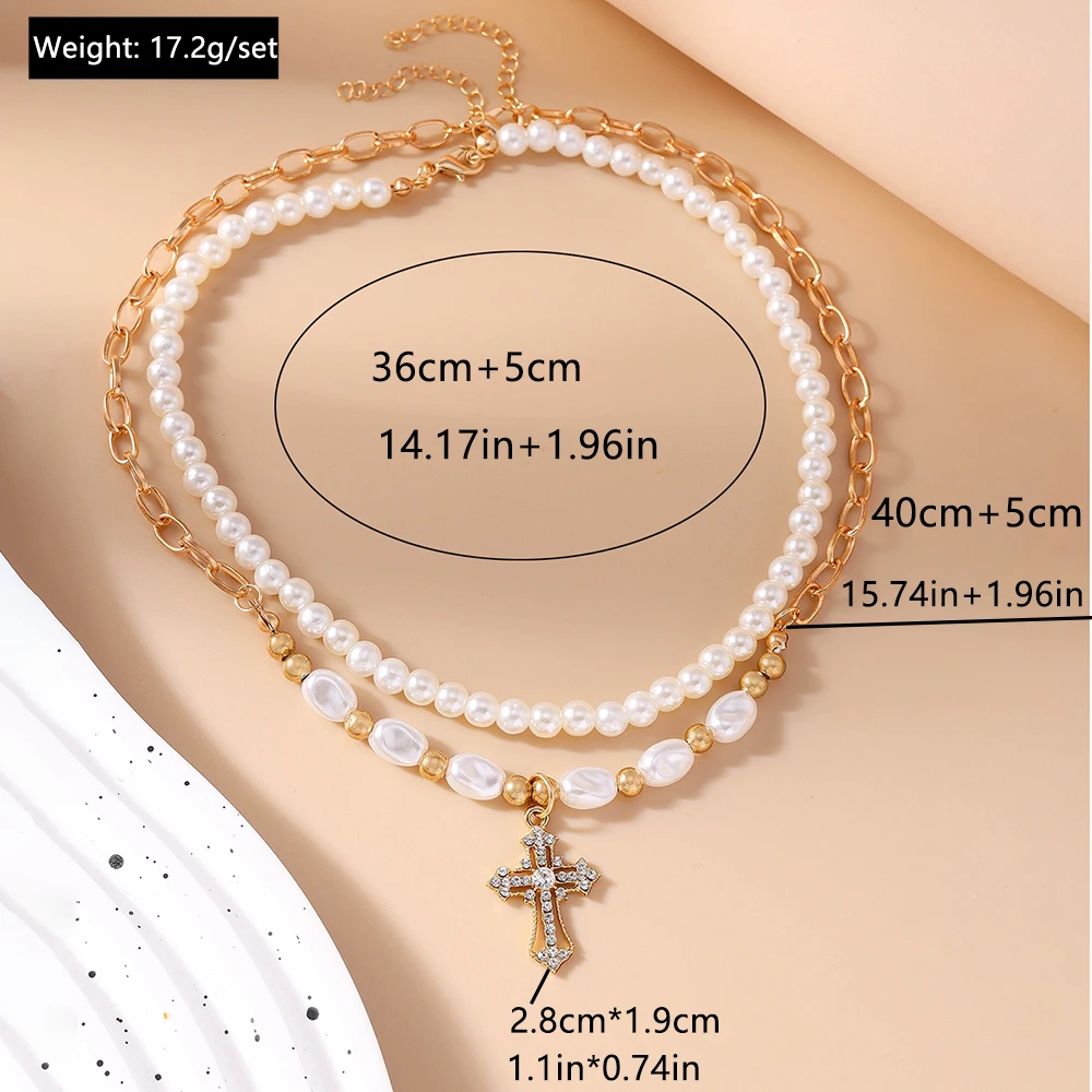 Aihua Y2K Damen Perlen-Zirkon-Kreuz-Anhänger Halskette für Damen Mädchen Mode Party Trendiger Schmuck Geschenke – Detail 1