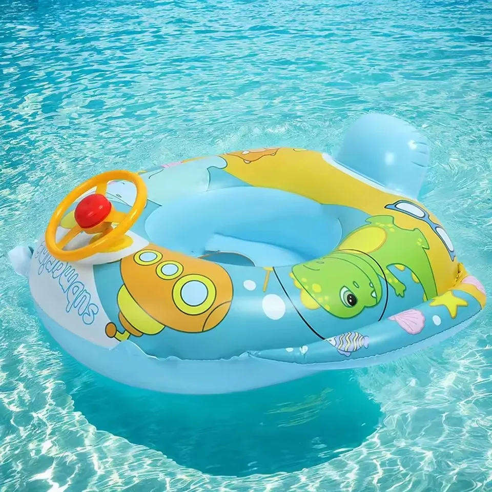Boia de Natação em Forma de Desenho Animado para Bebês com Volante, Brinquedo Aquático Inflável para Verão, Assento Flutuante para Praia e Piscina