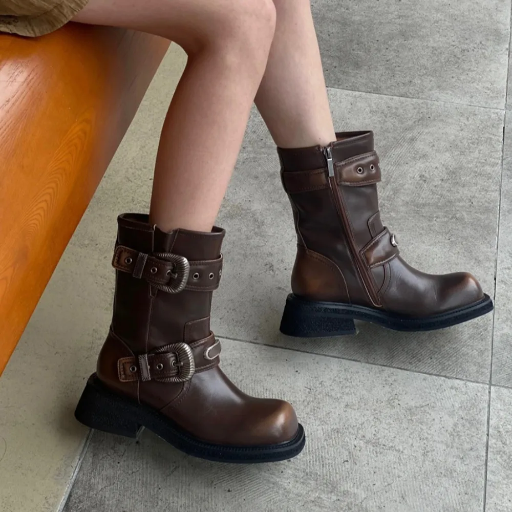 

NIGO Women's Fall Winter New Leather Metal Belt Buckle Western Cowboy Boots Chelsea Cool Rider Short Boots #NGSH1529