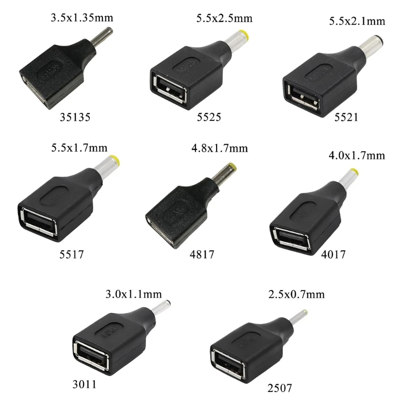 

E56B USB A Female to 2.5x0.7mm 3.5x1.35mm 4.0x1.7mm 5.5x2.5mm Male Connector USB to Power Plug Charging Adapter