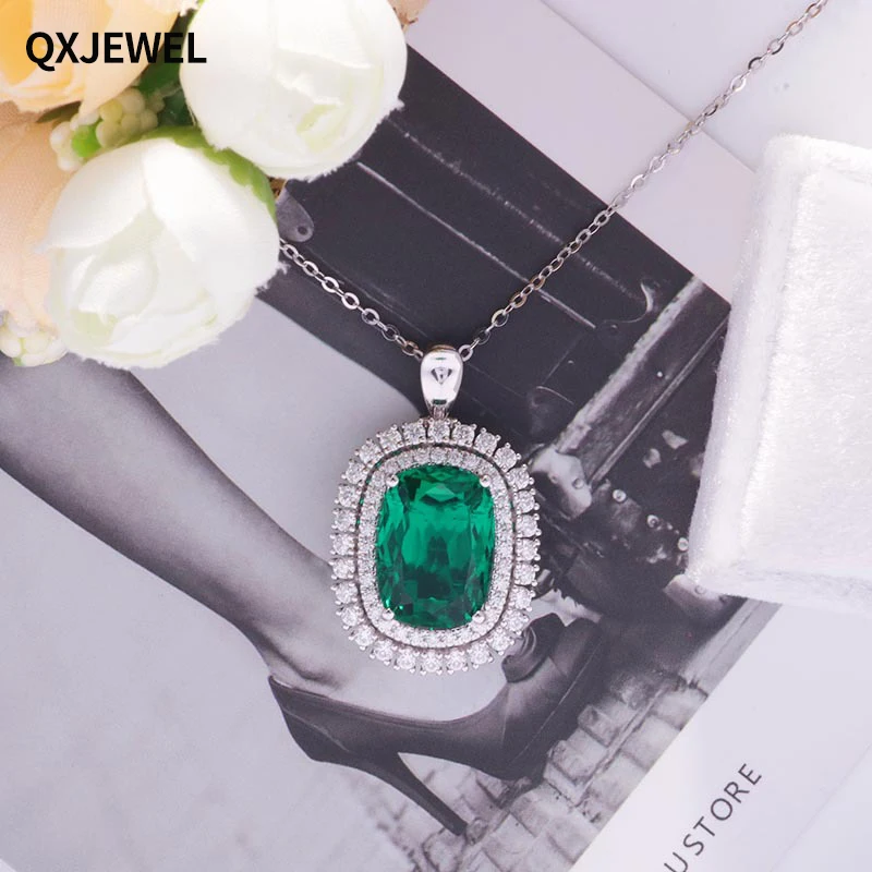 QXJEWEL Luxury 5*7mm Lab Created Emerald Moissanite Necklace For Women Gift Anniversary Party Fine Jewelry