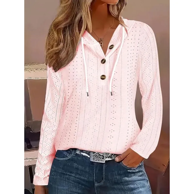 Plus Size Casual Solid Color Women's Hoodie Item Solid Color V-neck Hooded Button Loose Long Sleeved Hoodie Top For Women ﻿
