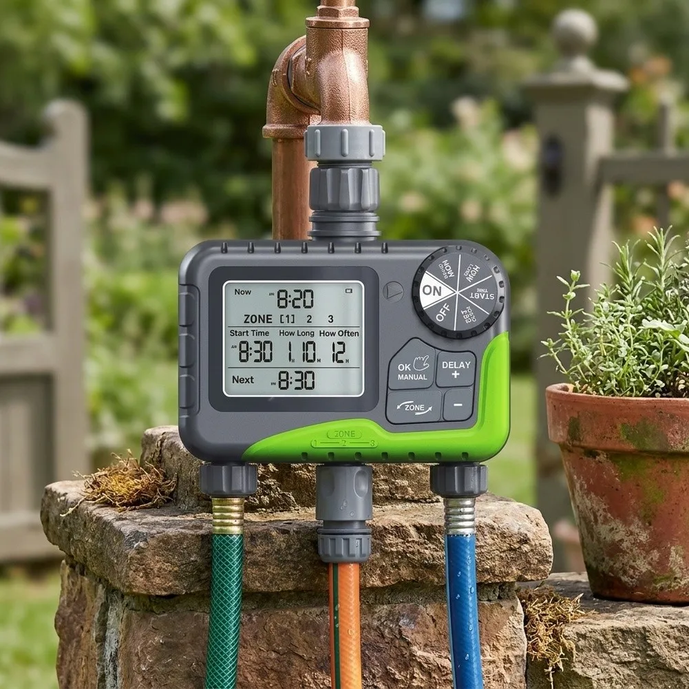 3 For Zone Water Timer IP65 Waterproof Irrigation Controller With Rain Delay Function And Metal Outlets For Garden Lawn