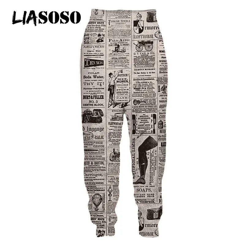 LIASOSO Old Newspaper Men Women Sweatpants Casual Harajuku Style Hip Pop 3D Print Sweat Pants Jogging Sports Men's Clothing