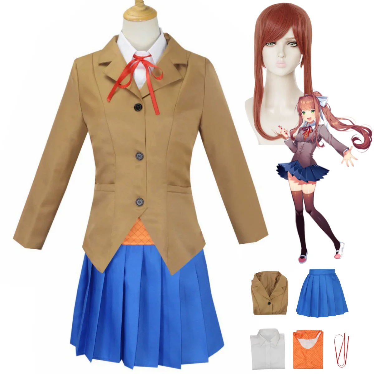 

Anime Doki Doki Literature Club Plus Monika Cosplay Costume Wig Japan South Korea JK School Uniform Wig Woman Kawaii Campus Suit