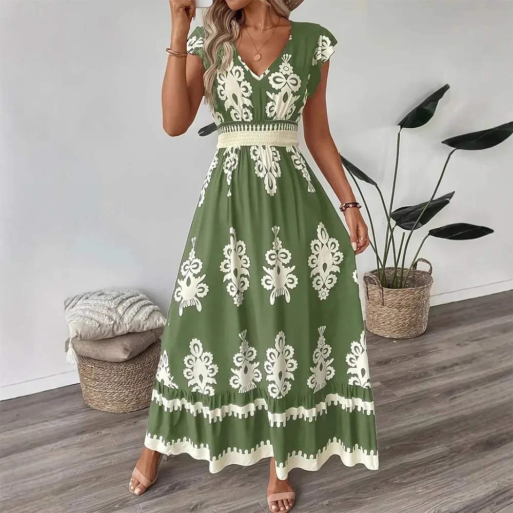 Dresses Summer Casual Paisley Nipped Waists Short Sleeve V-Neck Midi Daily Shirt Dresses For Women