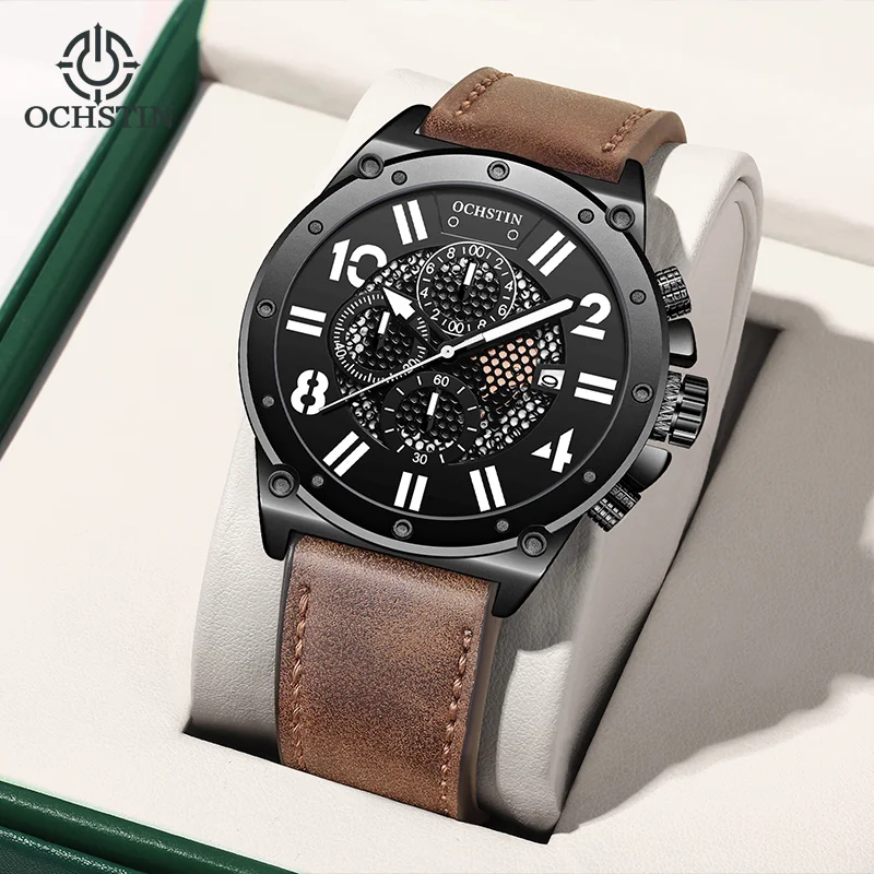 

OCHSTIN Многофункциональные кварцевые наручные часы Мужские кожаные ремешки Классические часы Мужские водонепроницаемые часы со светящимися стрелками