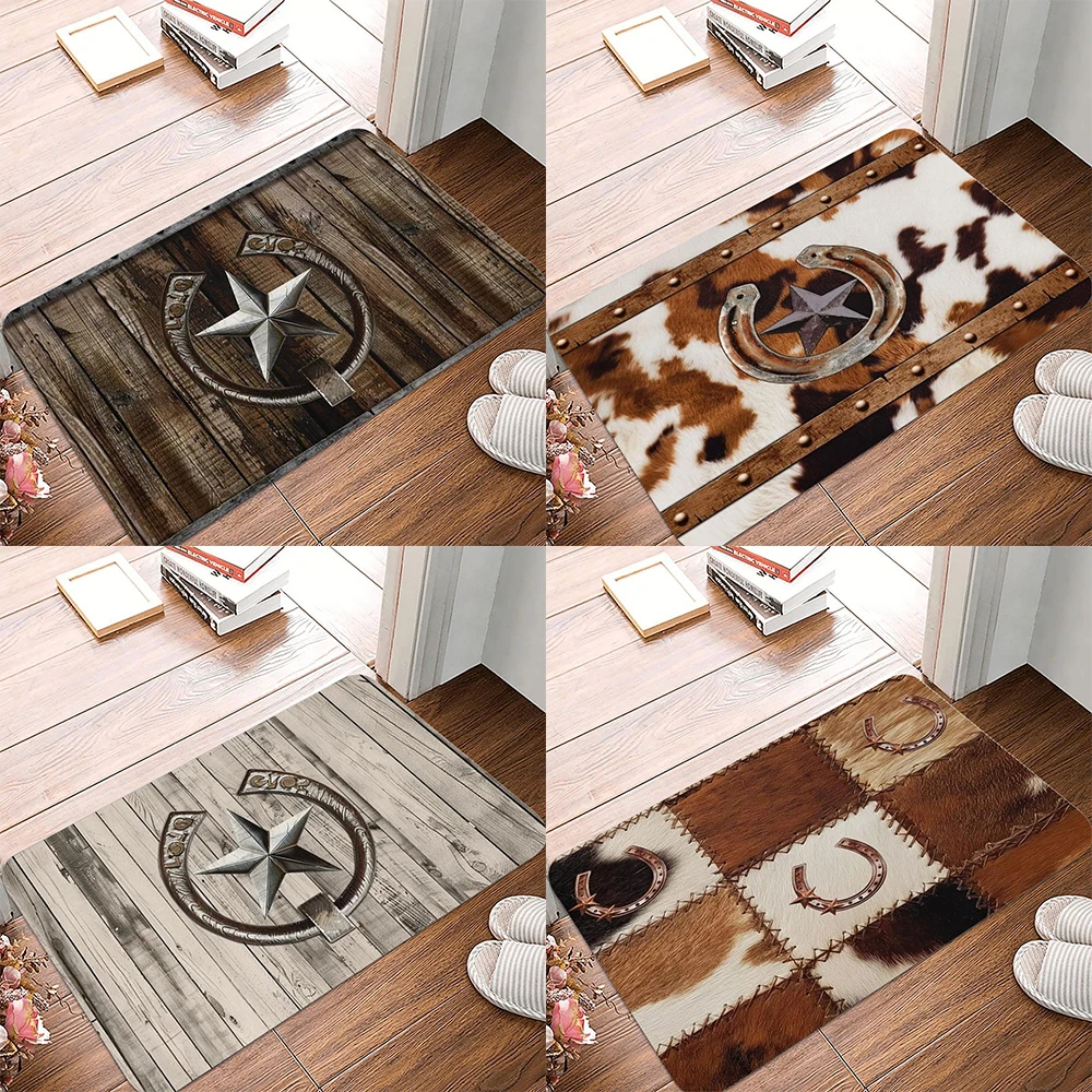 Western Cowhide Entrance Doormat Non-Slip Gold Texas Star Carpet Indoor Outdoor Floor Mat Living Room Bedroom Bath Kitchen Rug