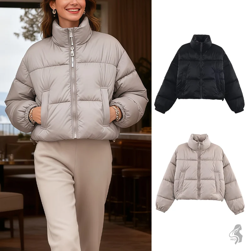 

Womens Short Stand Collar Cotton Jacket Quilted Loose Lantern Sleeves Autumn And Winter Casual Commuter Warm Coat Woman Clothes