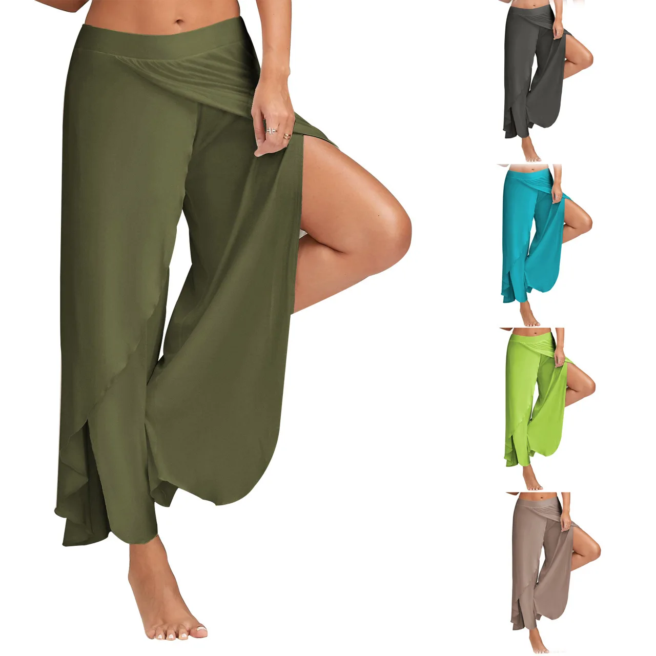 Women Plus Size Wide Leg Pants Loose Fitness Dance Yoga Split Trousers Female Elastic Wasit Casual Workout Solid Summer Clothing