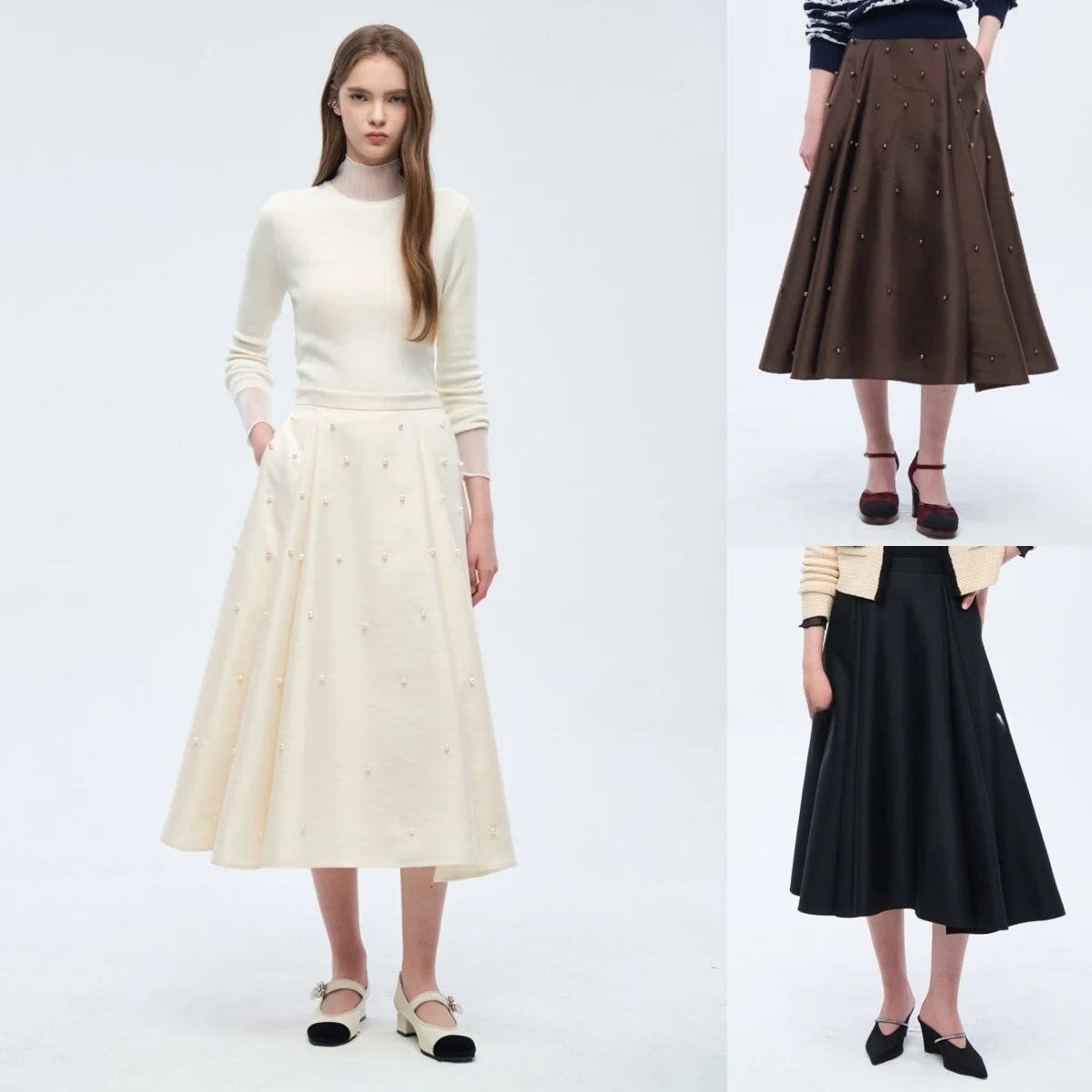 

Корейская юбка-миди с жемчужным декором и эластичной талией для повседневной носки, А-силуэт, удлиненная, стройнящая, с элегантным подолом