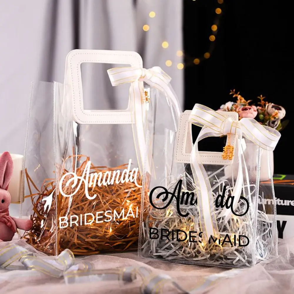 Custom Bridesmaid Gift Bags Personalize Reusable Holographic Iridescent Transparent Reflective Bag Bridemaid Wedding Handbag