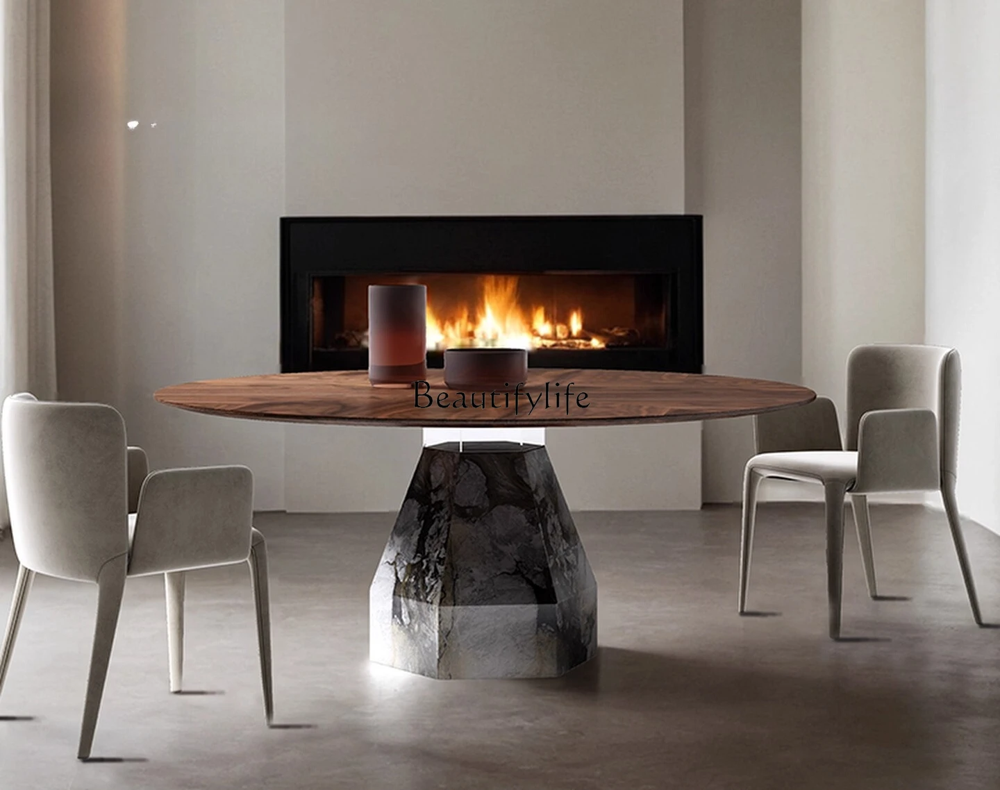 

Natural marble dining table luxury stone home villa Italian light luxury modern high-end dining table and chair combination