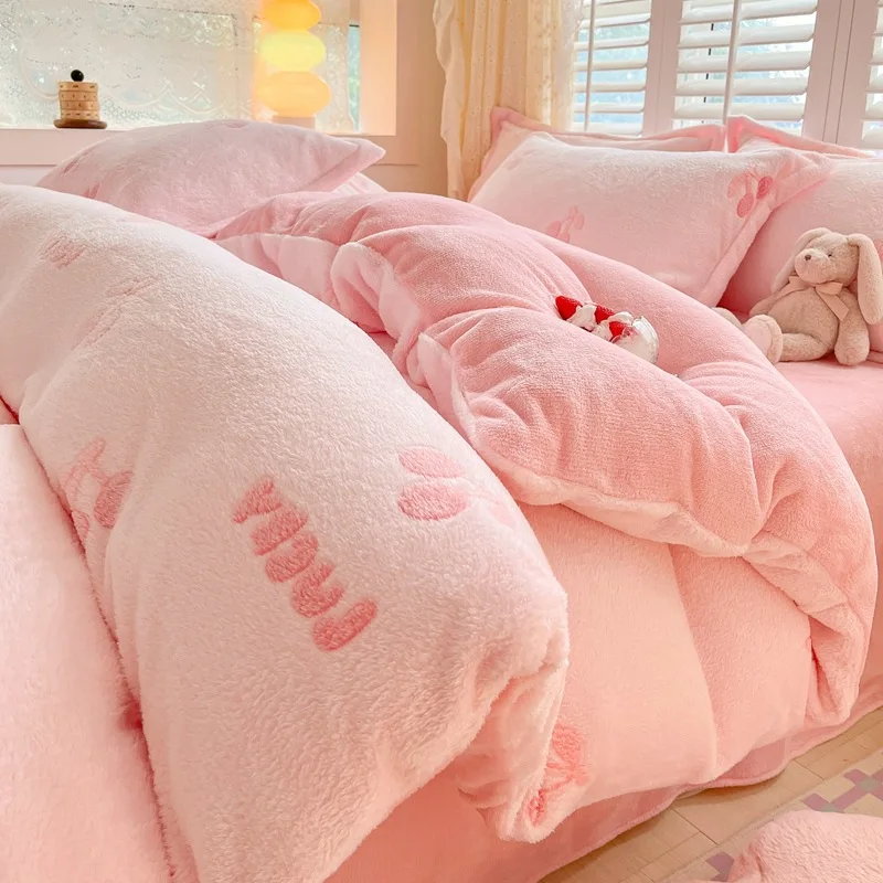Cute Cartoon Printed Duvet Cover Set for Kids Winter Plush Bedding Set with Quil Cover Bedsheet and Pillowcase Queen King Double